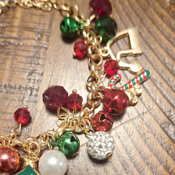 Festive Gold Charm Bracelet with Red and Green Accents And Bells - Picture 4 of 5